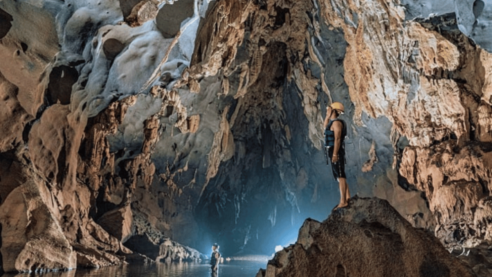 the giant stalactites and stalagmites at Dark cave