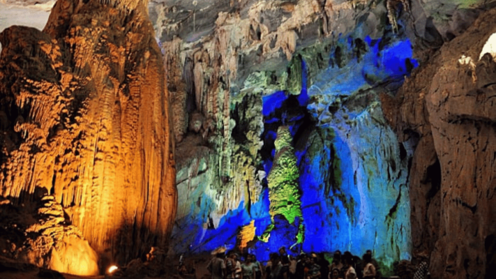 stalactites and stalagmites formed over many years at hang en cave